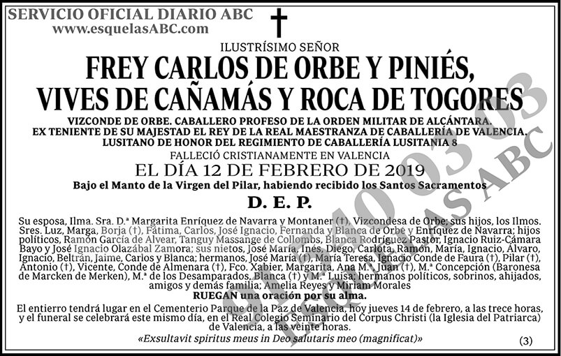 Frey Carlos de Orbe y Piniés Vives de Cañamás y Roca de Togores